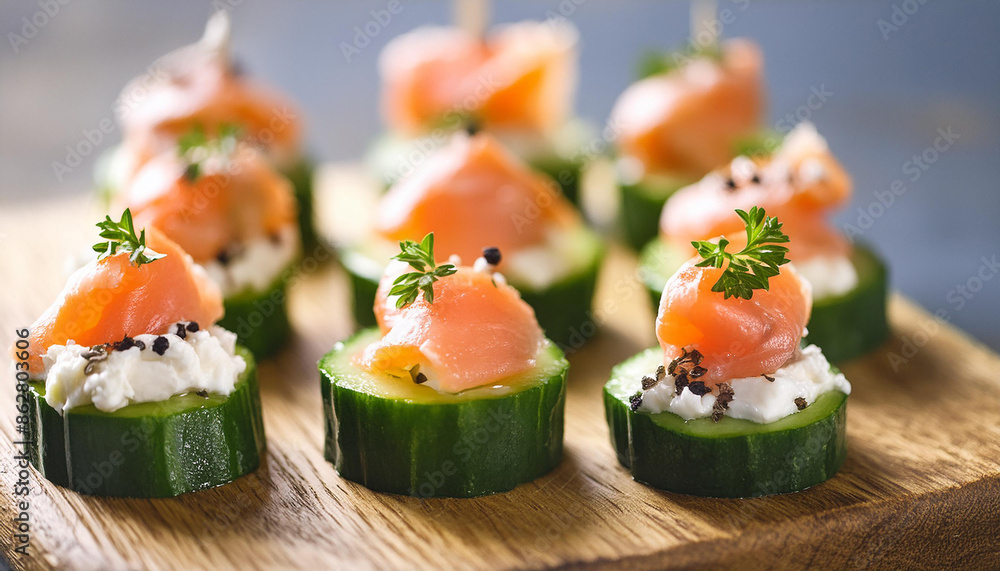 Cucumber bites with smoked salmon and cream cheese. Healthy appetizer or party food. Close-up. Cucumber bites with smoked salmon and cream cheese. Healthy appetizer or party food. Close-up.