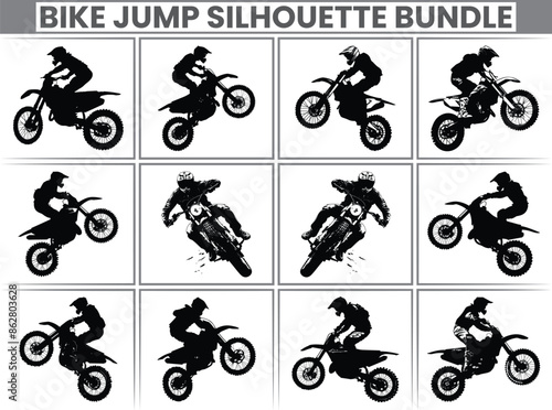 Bike riders in silhouette set are participating in a motocross championship, jumping and racing their motocross bikes man silhouette buldle