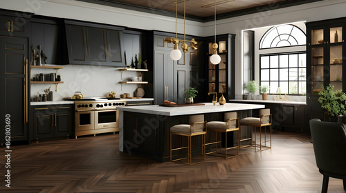 Craft a modern colonial kitchen with crown moldings, dark wood cabinets, and brass hardware
