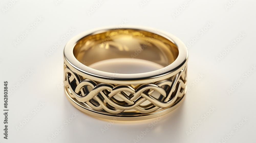 A gold ring with a Celtic knot design, set against a white background, emphasizing its intricate and symbolic pattern A gold ring with a Celtic knot design, set against a white background, emphasizing its intricate and symbolic pattern