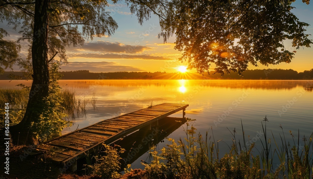 Fototapeta premium Serene Sunrise Over a Tranquil Lake with a Wooden Pier