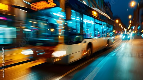 Night Bus Speeding Down the Avenue with Blurring Streetlights and Urban Rush © pkproject