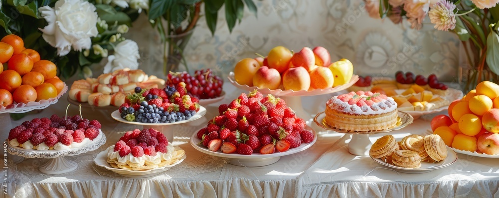 A summer dessert table with fruit and pastries A summer dessert table with fruit and pastries
