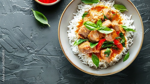 hyper realistic mouth-watering red thai curry pork over rice