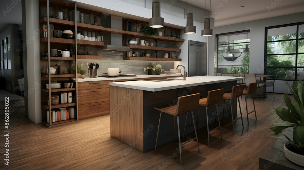Create a contemporary kitchen with open shelving, concrete floors, and a breakfast bar Create a contemporary kitchen with open shelving, concrete floors, and a breakfast bar