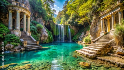 Greece enchanted lagoon water paradise, greek mythology concept with ancient ruins and waterfalls