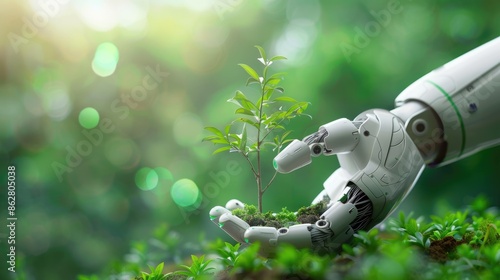 A futuristic robotic AI hand gently planting a small tree, set against a soft green bokeh background to emphasize environmental innovation