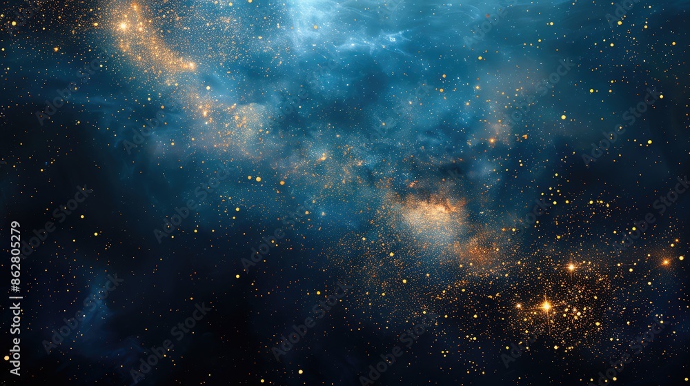 Naklejka premium Elegant celestial background with constellations and zodiac signs, navy blue and gold, large copy space