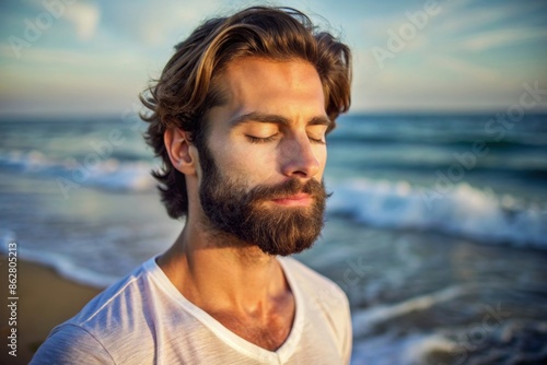 Handsome meditating man on the ocean shore
