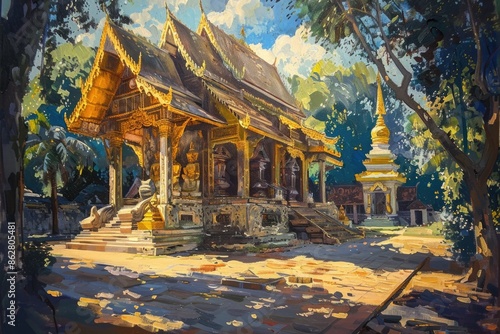 An evocative oil painting of a Thai temple scene, portrayed on canvas with skillful use of light and shadow to emphasize architectural grandeur and spiritual significance