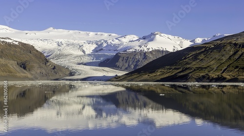 Majestic ice-covered mountains reflecting in calm sea waters at dawn