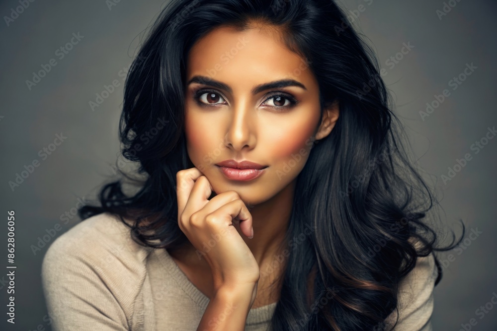 Beautiful woman with tanned skin, glamorous medium black hair on studio neutral background Beautiful woman with tanned skin, glamorous medium black hair on studio neutral background