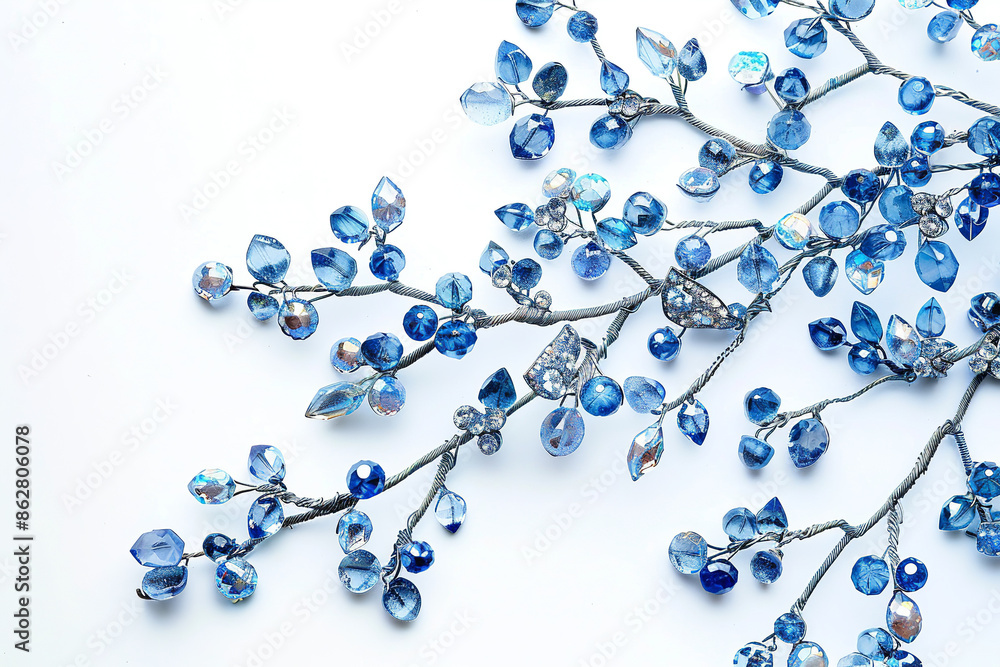 delicate Silver brooch with sapphire gems in the shape of blue berries, with white leaves and diamonds, soft pastel white, blue background delicate Silver brooch with sapphire gems in the shape of blue berries, with white leaves and diamonds, soft pastel white, blue background