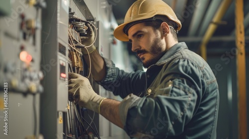 A candid shot of an electric technician at work, navigating a complex electrical system with confidence and skill, depicted in a raw, unedited style