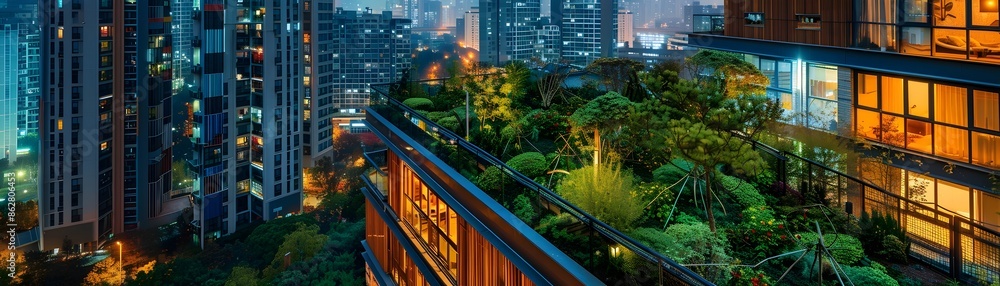 Illuminated Green Roofs and Gardens Adorn the Vibrant Cityscape at Night Illuminated Green Roofs and Gardens Adorn the Vibrant Cityscape at Night