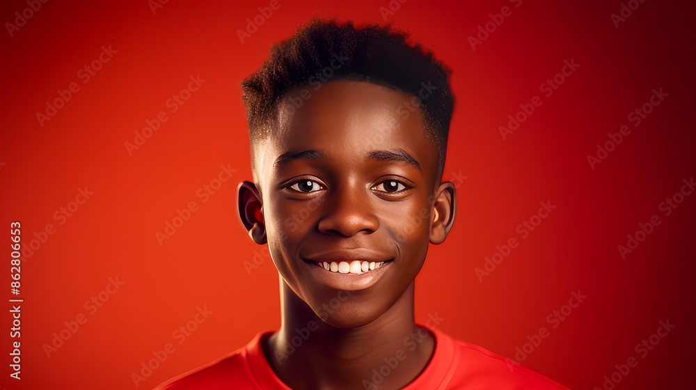 Portrait of a happy cheerful serious, troubled African American teenager guy with perfect skin, red background, banner. Portrait of a happy cheerful serious, troubled African American teenager guy with perfect skin, red background, banner.