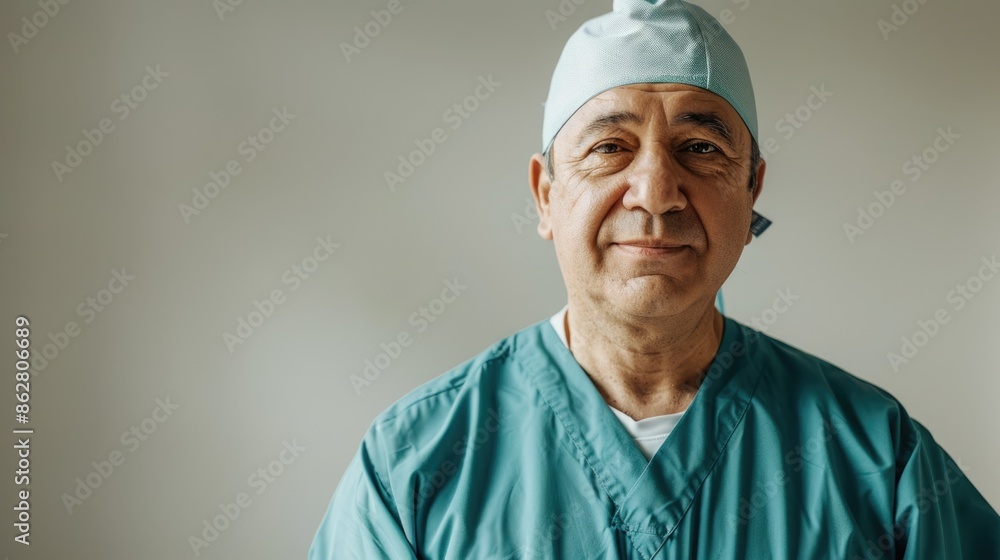 A candid shot of a doctor in scrubs, captured in a raw photo against a plain backdrop to highlight clinical focus and compassionate healthcare A candid shot of a doctor in scrubs, captured in a raw photo against a plain backdrop to highlight clinical focus and compassionate healthcare