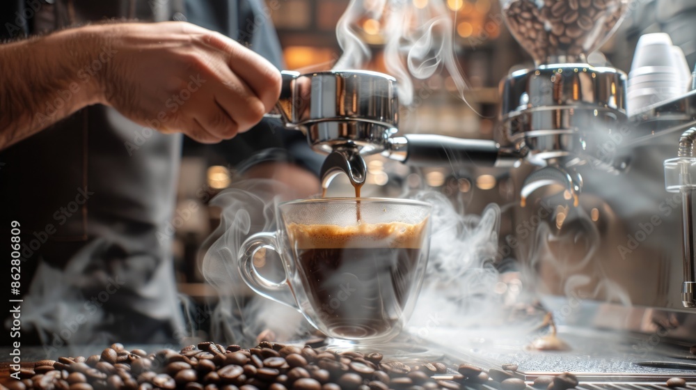 A dynamic angle raw photo of a barista preparing espresso, captured in action with steam and coffee beans in the foreground, showcasing expertise and coffee craftsmanship A dynamic angle raw photo of a barista preparing espresso, captured in action with steam and coffee beans in the foreground, showcasing expertise and coffee craftsmanship