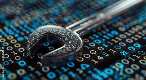 Silver Wrench on Digital Binary Code Background