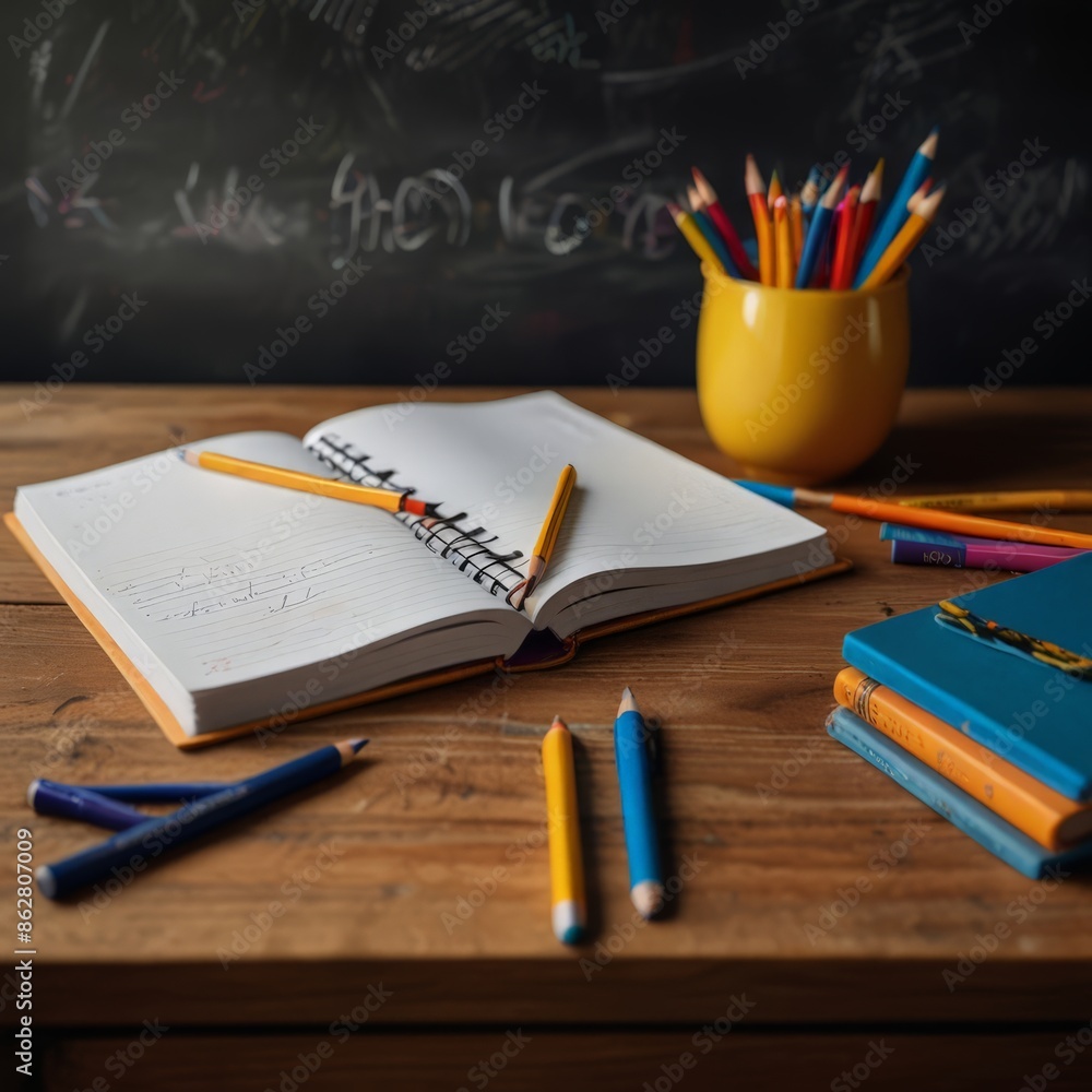 school desk with a notebook and pens school desk with a notebook and pens