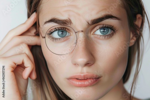 A young woman with brown hair and blue eyes wears round glasses and looks thoughtfully off-camera. Her hand rests on her cheek. Generative AI