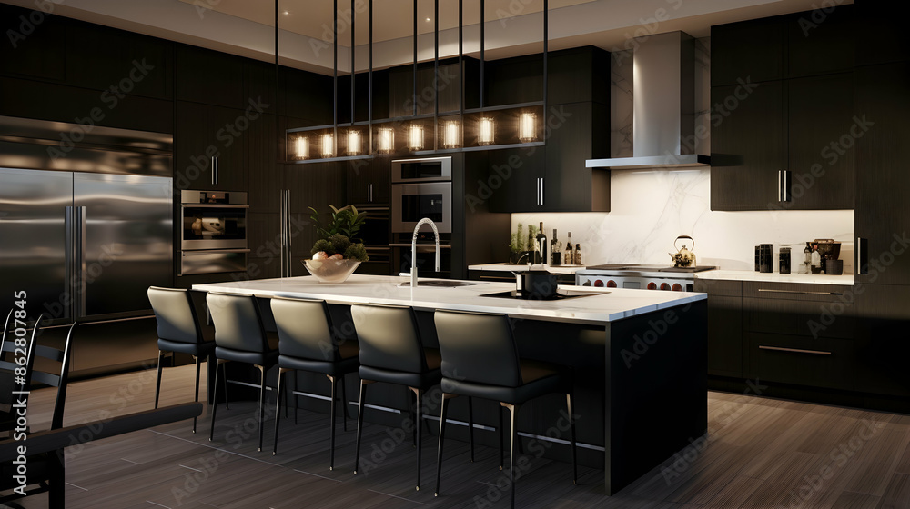 Design a high-contrast kitchen with dark cabinets, white countertops, and statement lighting Design a high-contrast kitchen with dark cabinets, white countertops, and statement lighting