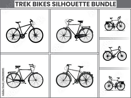 Set of black Trek bike riders silhouettes bundle. Bicycle Rider silhouette, Cyclist silhouette icon set, silhouettes of people cycling in different positions. bike, cycle, cyclist, ride, vector, bicyc