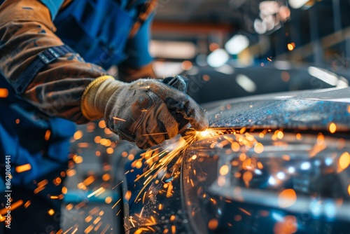 auto repairman grinding autobody bonnet.