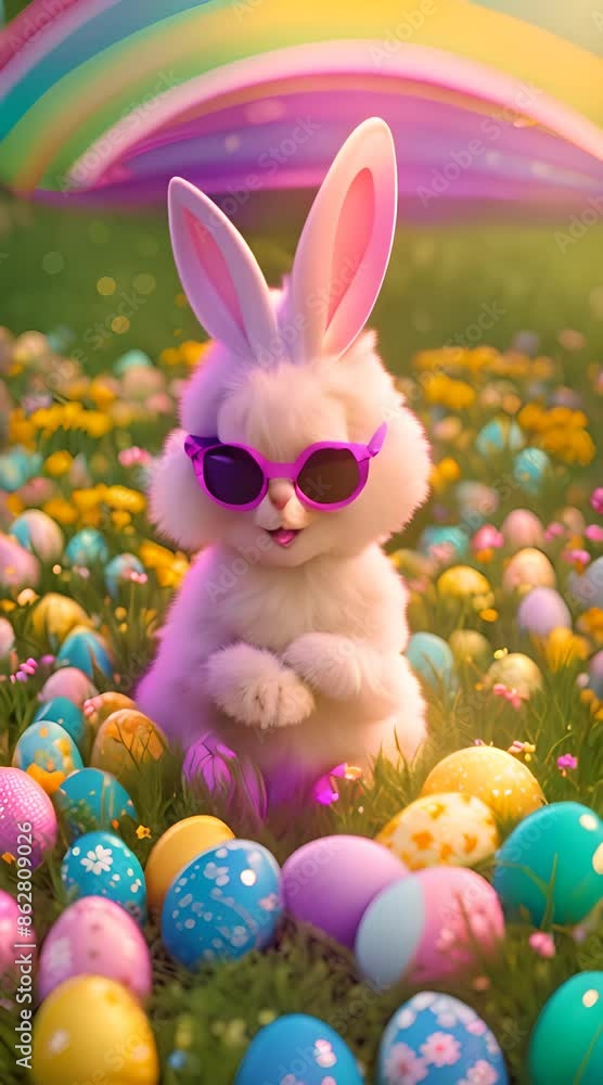 A cute Easter Bunny with big, fluffy ears and cool, shiny sunglasses, sitting in a sunny meadow. Colorful Easter eggs surround it A cute Easter Bunny with big, fluffy ears and cool, shiny sunglasses, sitting in a sunny meadow. Colorful Easter eggs surround it