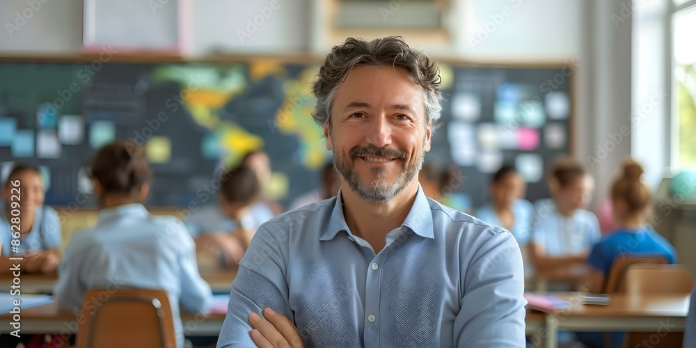 Fototapeta premium Male teacher smiling in classroom with a background of students and books gazes at the camera. Concept Education, Classroom, School, Teaching, Happiness