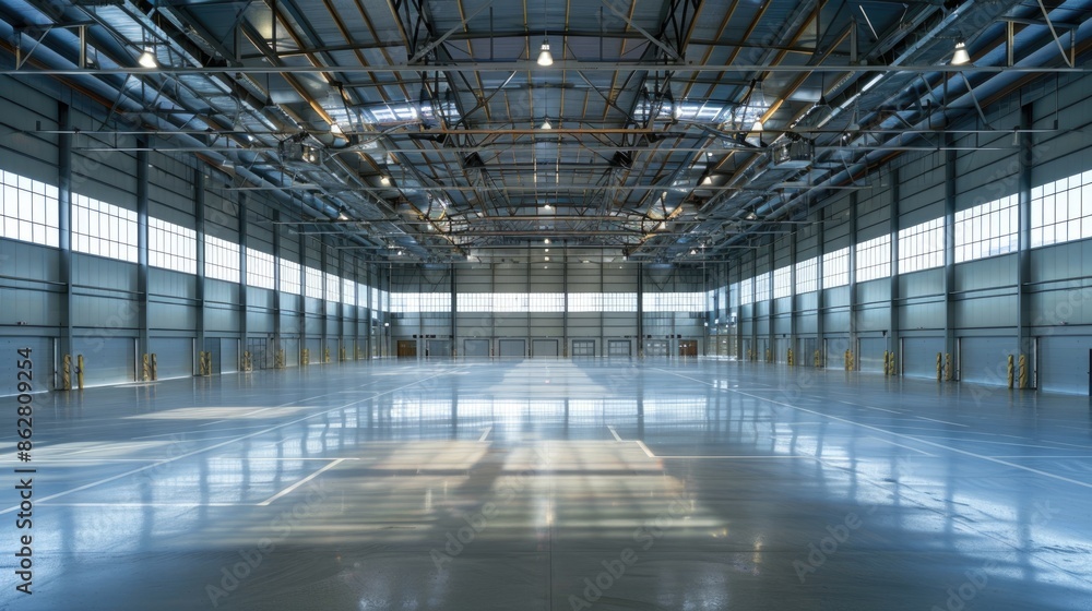 A spacious, pristine smart warehouse with high ceilings and ample natural light streaming through large windows. The clean floors and organized layout emphasize its efficiency. A spacious, pristine smart warehouse with high ceilings and ample natural light streaming through large windows. The clean floors and organized layout emphasize its efficiency.