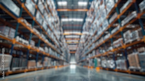 Blur background of large modern warehouse interior with goods scattering on shelves. Interior photography with focus on industrial scale. Logistics and distribution concept. Design for banner. Spate. © Summit Art Creations
