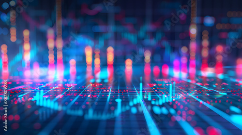 Wallpaper Mural 
Perspective view of stock market growth, business investing and data concept with digital financial chart graphs, diagrams and indicators on dark blue blurry background Torontodigital.ca
