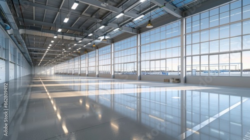 An empty, spotless smart warehouse with large windows allowing clear light to illuminate the space. The clean floors and advanced setup highlight its efficiency. © kitipol