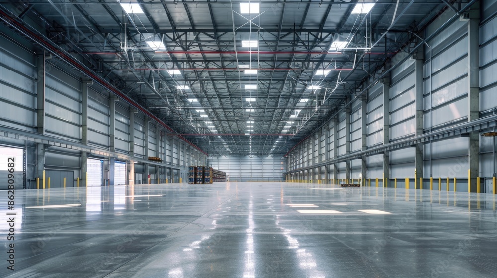 Fototapeta premium A spotless smart warehouse with clean surfaces and ample natural light. The bright, clear lighting and organized layout highlight its modern design.