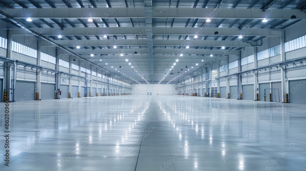 An empty, well-lit warehouse featuring clean floors and high-tech infrastructure. The clear lighting emphasizes the spacious and organized environment. An empty, well-lit warehouse featuring clean floors and high-tech infrastructure. The clear lighting emphasizes the spacious and organized environment.
