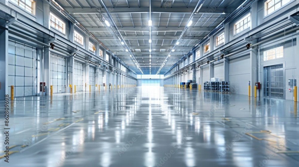 An empty, well-lit warehouse featuring clean floors and high-tech infrastructure. The clear lighting emphasizes the spacious and organized environment. An empty, well-lit warehouse featuring clean floors and high-tech infrastructure. The clear lighting emphasizes the spacious and organized environment.
