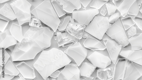 A close-up view of numerous irregular, transparent glass shards scattered on a white surface SEAMLESS PATTERN