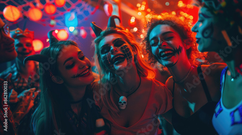 group of friends having fun at halloween party, dancing in the club with face painting and devil horns makeup