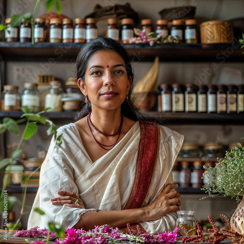 Indian woman selling in a spice shop.