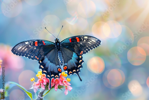 Peacock swallowtail, black and yellow butterfly with wings spread, perched on the flowers of exotic plant, sunlight with bokeh effects photo