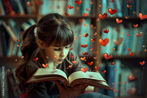Little girl reading a book. Banner for Books Lovers Day on 9th August. reading, studying, lifestyle, clever