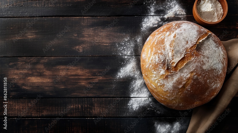 A fresh loaf of bread sits on a rustic wooden table, dusted with flour ...
