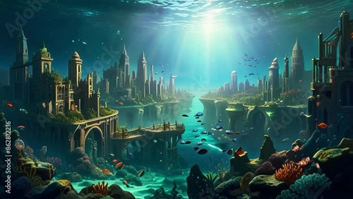 The city of Atlantis that sank to the bottom of the sea. Seamless looping 4k video animation