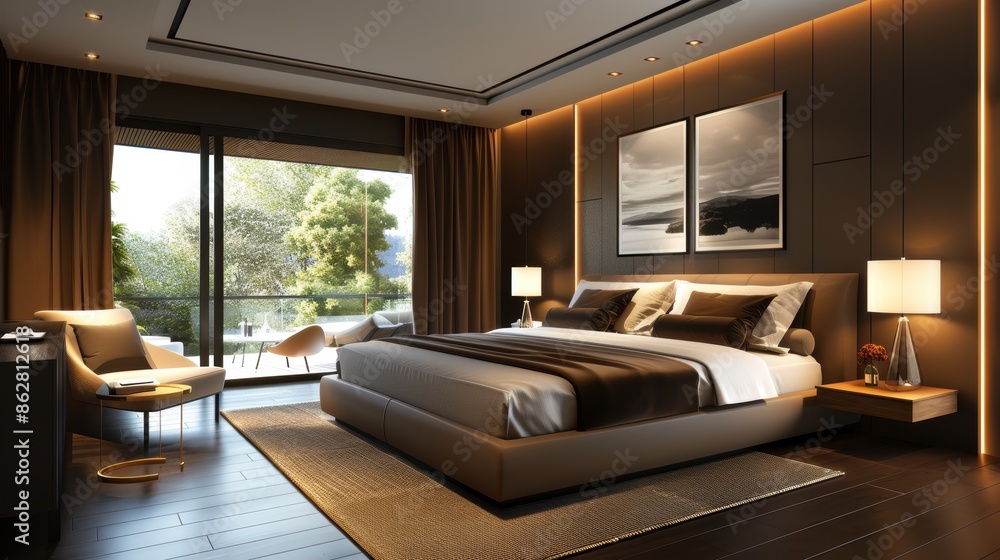 Naklejka premium A chic bedroom with a modern brown color scheme, minimalist furniture, and open space offering ample copy space.