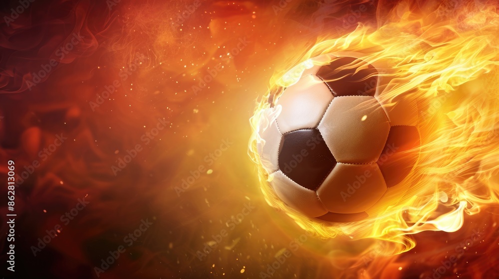 Naklejka premium Realistic soccer flying ball with fire trail behind, goal kick force, fiery flight energy, soccer game, speed symbol