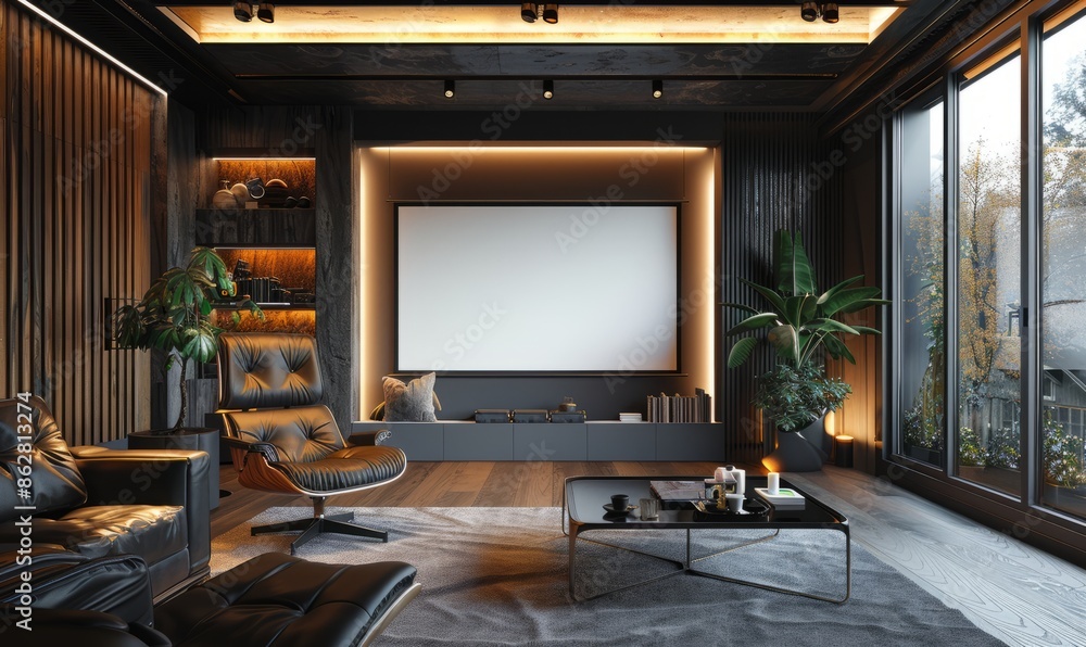 Cozy office with a blank screen on the wall Cozy office with a blank screen on the wall