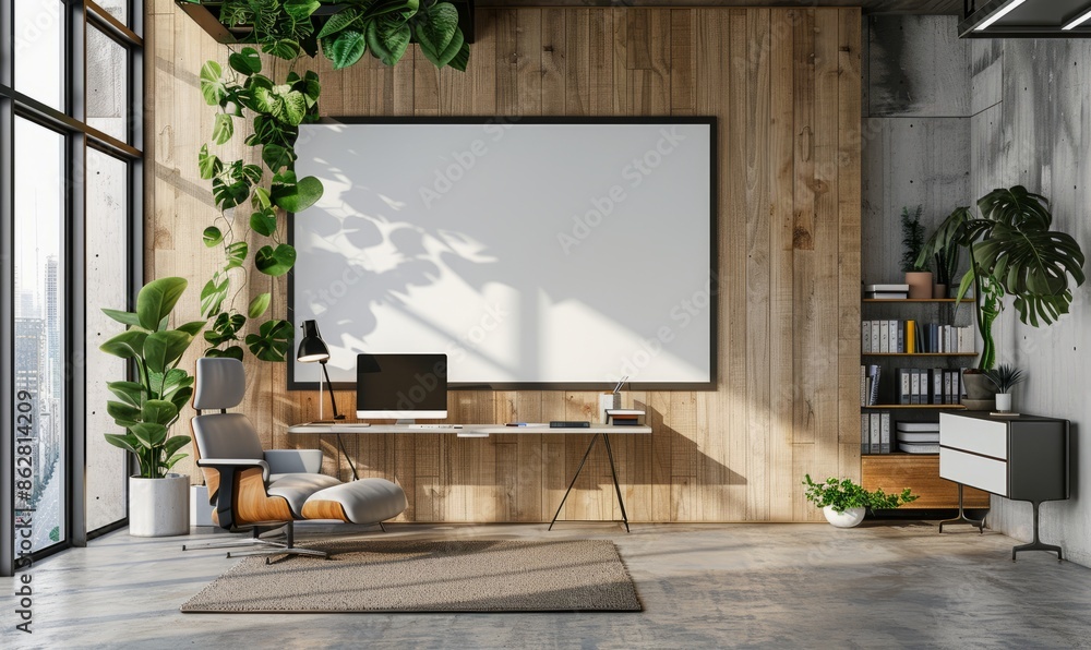 Contemporary office with a blank screen on the wall Contemporary office with a blank screen on the wall