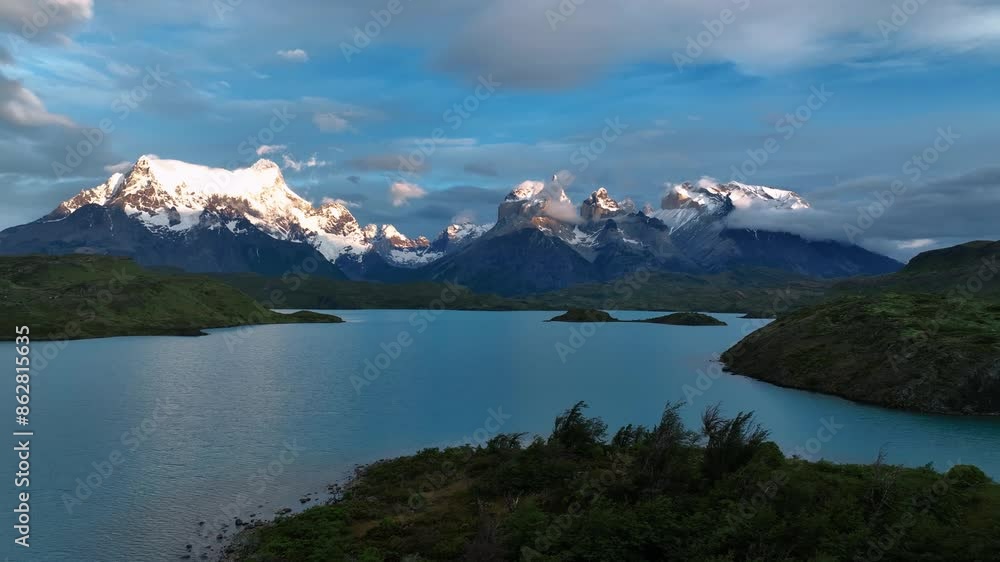 Aerial view of Torres del Paine National Park with pristine lake and snow-capped peaks, Patagonia, Chile. Aerial view of Torres del Paine National Park with pristine lake and snow-capped peaks, Patagonia, Chile.
