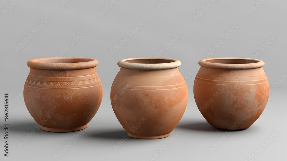 Minimal empty clay pots cut out transparent backgrounds 3d illustration Minimal empty clay pots cut out transparent backgrounds 3d illustration